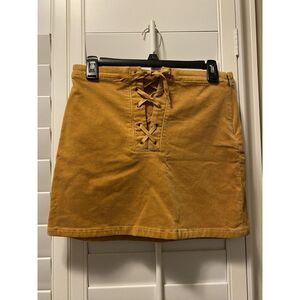 SO Women's Mini Corduroy Skirt Sz‎ Jr 3/26W Mustard Yellow Tie Up Front Side Zip